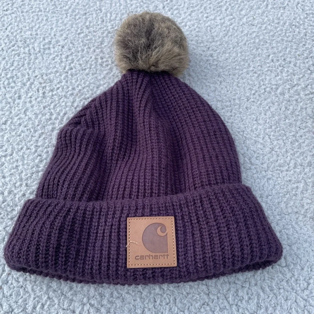 Carhartt Hat Beanies Womens One Size Lot Of 2 Purple White Knit Logo Work Winter
